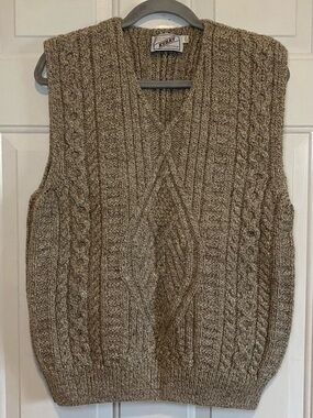 Kerry Woolen Mills Ireland Wool Knitted Waistcoat Vest Pullover Beige Sz Large